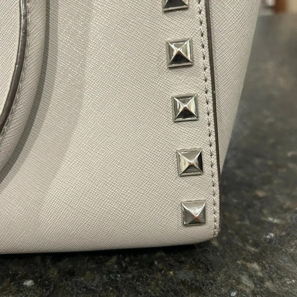 Michael Kors Selma Stud Satchel Bag Purse Grey Cement Saffiano Leather - Picture 10 of 14